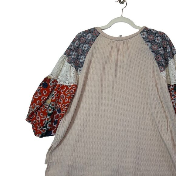 Umgee waffle Striped and Floral Color-block Puff Sleeve Top oversized fit small - Picture 7 of 13